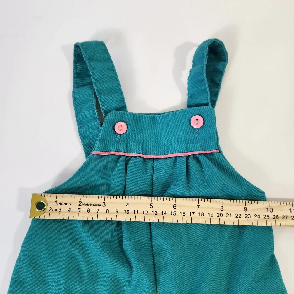 Vintage 80s Krazy Kritters Overalls Girls Size 2 Dinosaur Applique Teal Pink USA